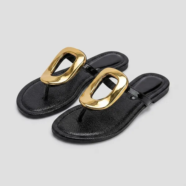 Black_Patent_Leather_Gold_Oval_Embellished_Flat_Sandals_For_Women