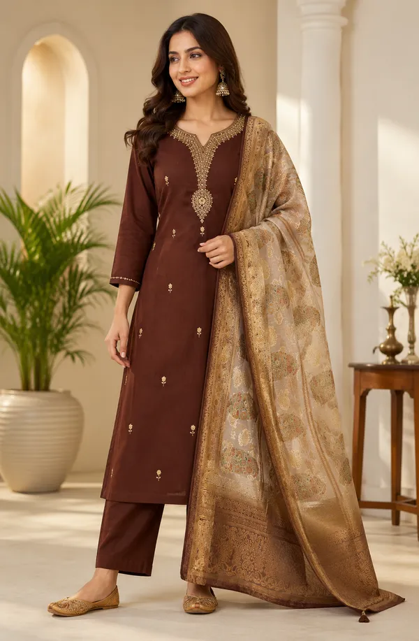 Coffee_Mul_Chanderi_Hand_Beads_Work_Suit_Set_With_Silk_Zari_Dupatta_For_Women