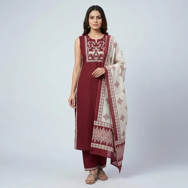 Maroon_Cotton_Embroidered_Suit_Dupatta__Set__for_Women