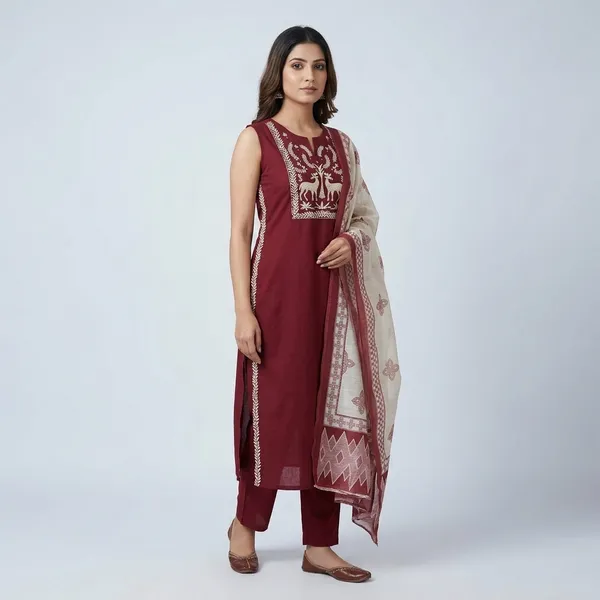 Maroon_Cotton_Embroidered_Suit_Dupatta__Set__for_Women