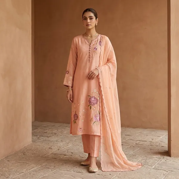 Peach_Chanderi_3_Piece_Suit_With_Kadhai_Work_And_Mul_Cotton_Dupatta_For_Women