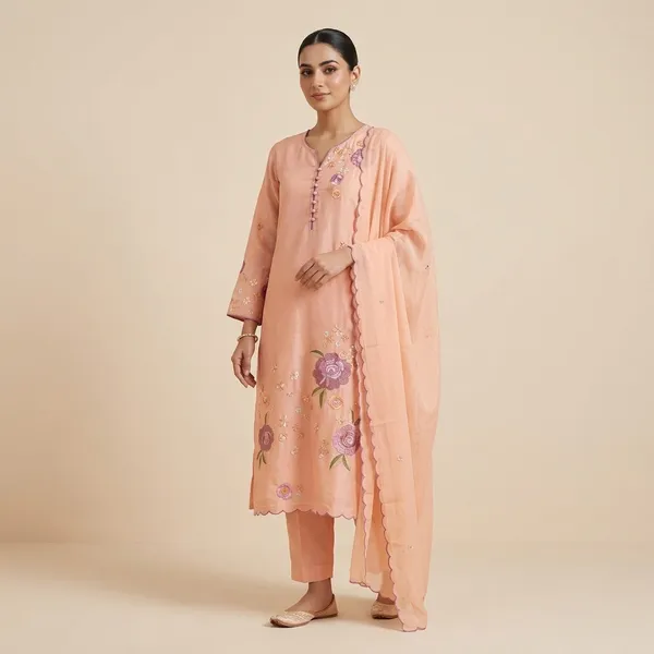 Peach_Chanderi_3_Piece_Suit_With_Kadhai_Work_And_Mul_Cotton_Dupatta_For_Women
