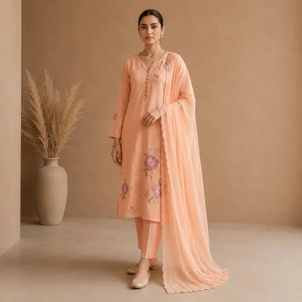 Peach_Chanderi_3_Piece_Suit_With_Kadhai_Work_And_Mul_Cotton_Dupatta_For_Women