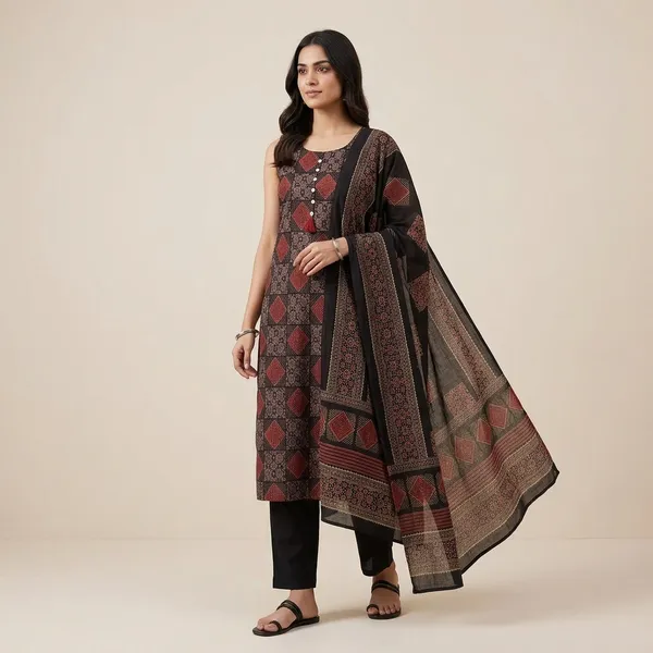 Red_Cut_Sleeve_3_Piece_Set_With_Contrast_Sleeve_Fabric_For_Women