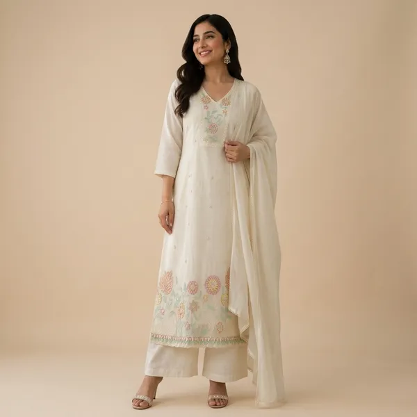 Off_White_Hand_Work_Beads_Work_Suit_Set_With_Plazo_Pants_And_Lace_Dupatta_For_Women