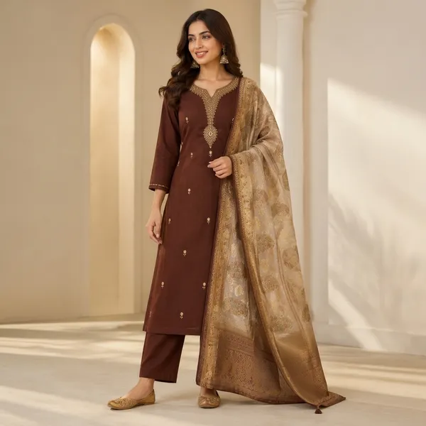 Coffee_Mul_Chanderi_Hand_Beads_Work_Suit_Set_With_Silk_Zari_Dupatta_For_Women