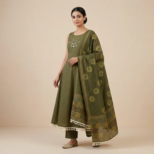 Green_Cotton_Anarkali_Mirror_Work_Suit_Set_With_Lace_And_Printed_Dupatta_For_Women