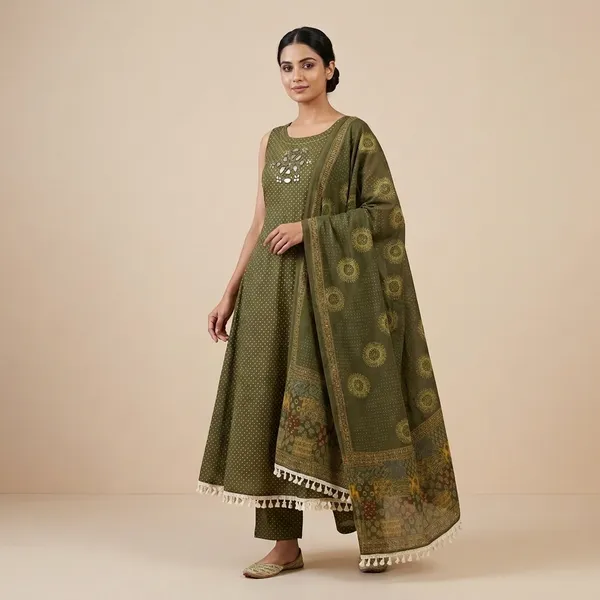 Green_Cotton_Anarkali_Mirror_Work_Suit_Set_With_Lace_And_Printed_Dupatta_For_Women