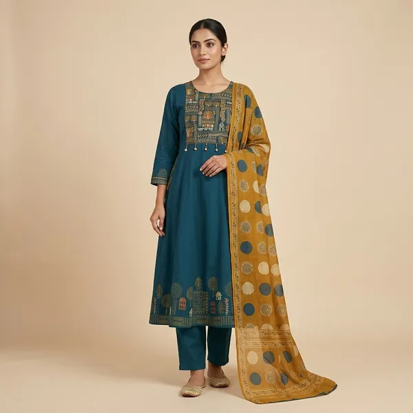 Petrol_Blue_Cotton_A_Line_Hand_Block_Printed_Suit_Set_With_Plazo_Pants_And_Mul_Dupatta_For_Women