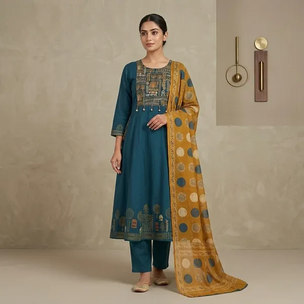 Petrol_Blue_Cotton_A_Line_Hand_Block_Printed_Suit_Set_With_Plazo_Pants_And_Mul_Dupatta_For_Women
