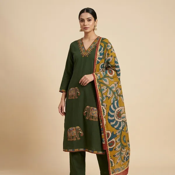 Green_Cotton_Hand_Embroidered_Hathi_Design_3_Piece_Suit_Set_With_Block_Printed_Dupatta_For_Women