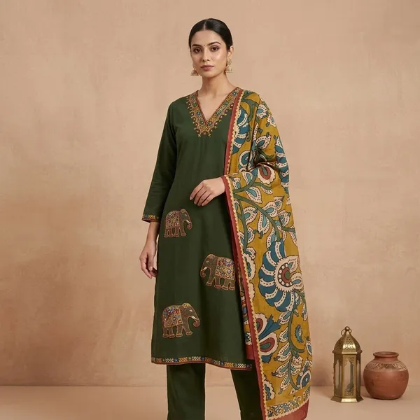 Green_Cotton_Hand_Embroidered_Hathi_Design_3_Piece_Suit_Set_With_Block_Printed_Dupatta_For_Women
