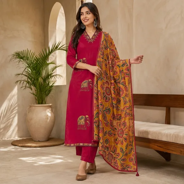 Cherry_Red__Cotton_Hand_Embroidered_Hathi_Design_3_Piece_Suit_Set_With_Block_Printed_Dupatta_For_Women