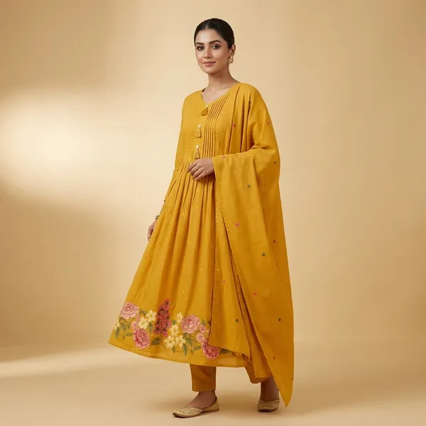 Yellow_A_Line_Hand_Embroidered_3_Piece_Suit_Set_With_Embroidered_Mul_Dupatta_For_Women