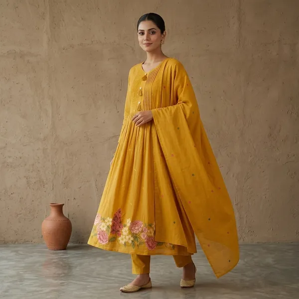 Yellow_A_Line_Hand_Embroidered_3_Piece_Suit_Set_With_Embroidered_Mul_Dupatta_For_Women