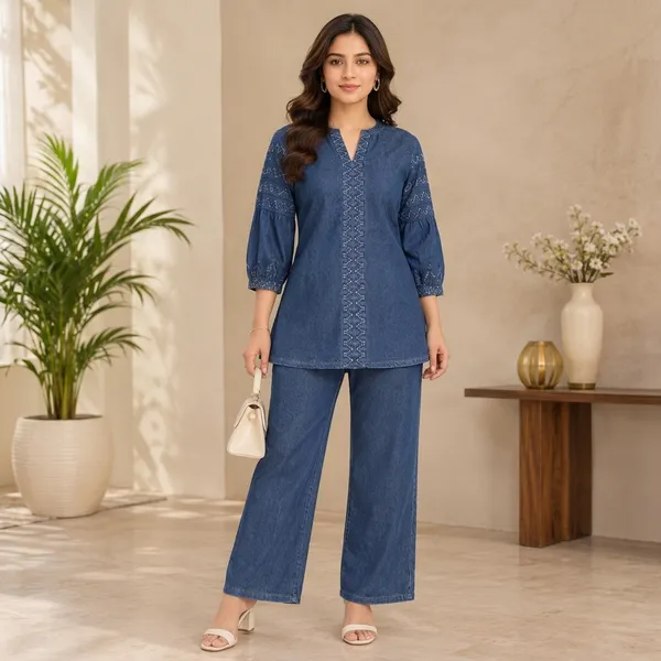 Blue_Denim_Kadhai_Work_Balloon_Sleeve_Co-ord_Set_For_Women