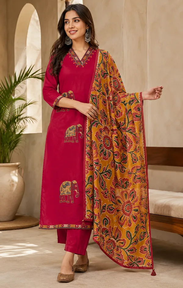 Cherry_Red__Cotton_Hand_Embroidered_Hathi_Design_3_Piece_Suit_Set_With_Block_Printed_Dupatta_For_Women