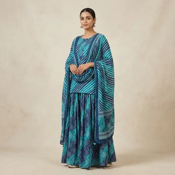 Blue_Jaipuri_Short_Shirt_With_Sharara_Skirt_And_Bandhani_Dupatta_For_Women