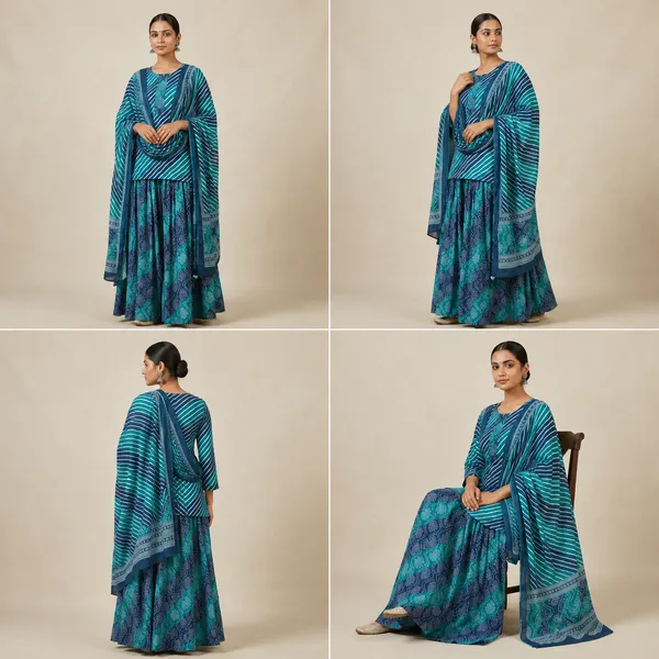 Blue_Jaipuri_Short_Shirt_With_Sharara_Skirt_And_Bandhani_Dupatta_For_Women
