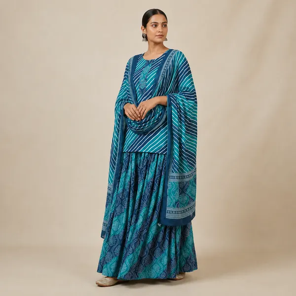 Blue_Jaipuri_Short_Shirt_With_Sharara_Skirt_And_Bandhani_Dupatta_For_Women