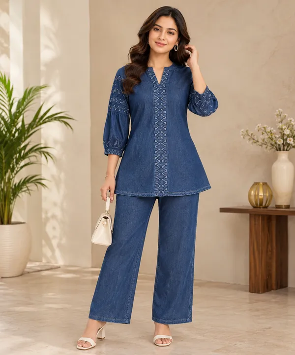 Blue_Denim_Kadhai_Work_Balloon_Sleeve_Co-ord_Set_For_Women
