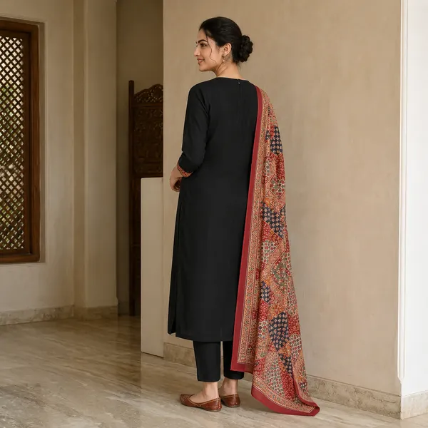 Black_Cotton_3_Piece_Suit_With_Elephant_Print_And_Printed_Dupatta_For_Women