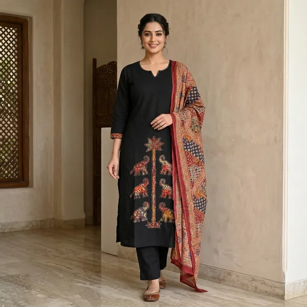Black_Cotton_3_Piece_Suit_With_Elephant_Print_And_Printed_Dupatta_For_Women