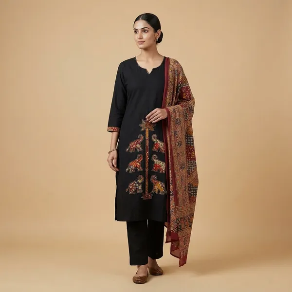 Black_Cotton_3_Piece_Suit_With_Elephant_Print_And_Printed_Dupatta_For_Women