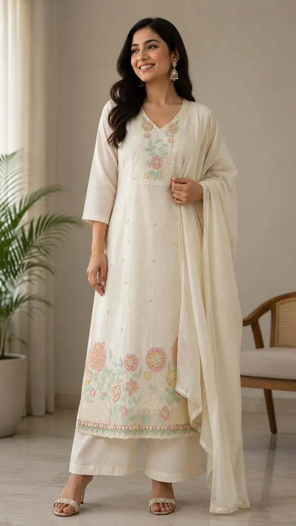 Off_White_Hand_Work_Beads_Work_Suit_Set_With_Plazo_Pants_And_Lace_Dupatta_For_Women