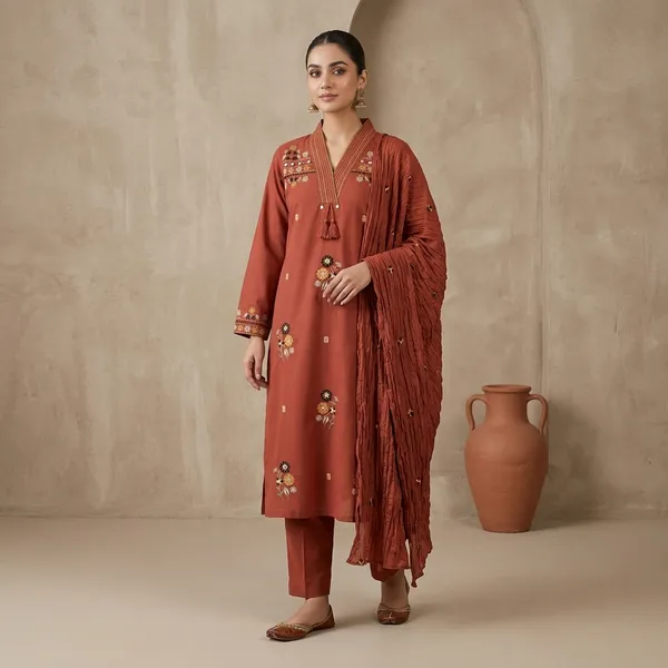 Rust_Cotton_3_Piece_Suit_With_Mirror_And_Kadhai_Work_For_Women