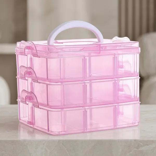 18_Grid_Square_Storage_Box_|_3_Layer_|_Free_1_Cable_Spiral_|_With_Removal_Dividers_|_Detachable_|_For_Jewelry,_Craft_Beads,_Buttons_Organizer_|_Plastic_(Pink)