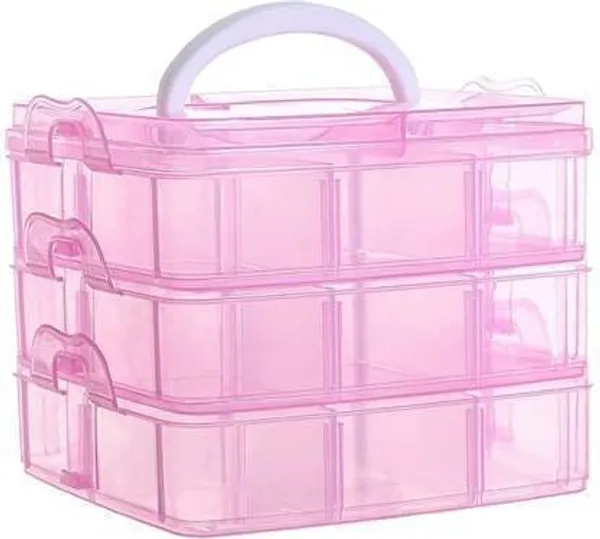 18_Grid_Square_Storage_Box_|_3_Layer_|_Free_1_Cable_Spiral_|_With_Removal_Dividers_|_Detachable_|_For_Jewelry,_Craft_Beads,_Buttons_Organizer_|_Plastic_(Pink)