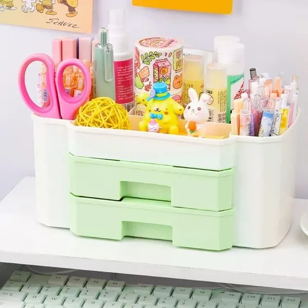 Dual_Drawer_Cosmetic_Organizer_Box_Vanity_Brush_Holder_For_Lipstick_&_Skincare_Multi-Compartment_Plastic_Makeup_Storage_Box_Desk_Organizer_For_Office,_Home_&Large_Capacity_(Green)