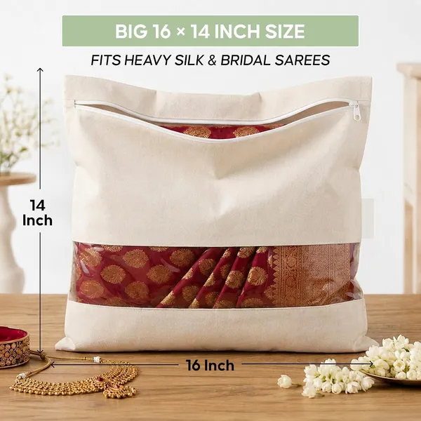 Cotton_Saree_bags/Covers_16_inch_x_14_inch_Zip_Breathable_Cotton_Foldable_Storage_Bags_with_Transparent_Window_Reusable_Wardrobe_Organizer_for_Sarees,_Lehengas_&_Ethnic_Wear