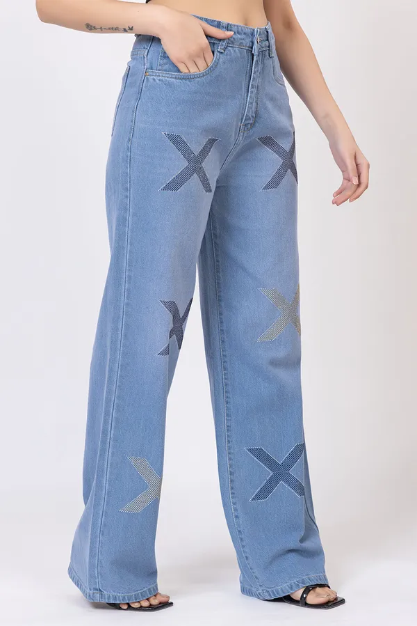 imported_designer_Blue_Cotton_wide_leg_Jeans_For_Women