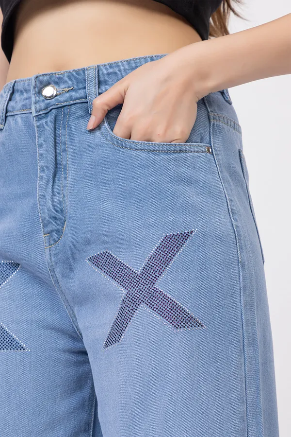 imported_designer_Blue_Cotton_wide_leg_Jeans_For_Women