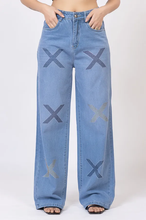 imported_designer_Blue_Cotton_wide_leg_Jeans_For_Women