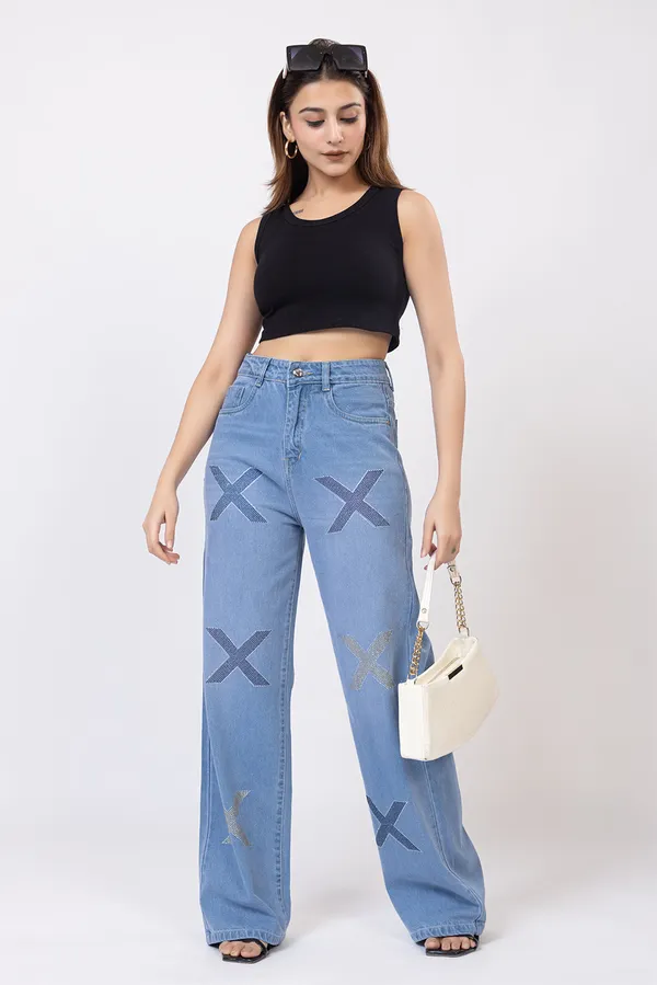 imported_designer_Blue_Cotton_wide_leg_Jeans_For_Women