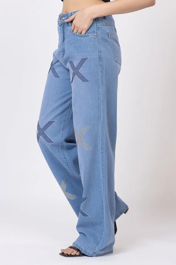 imported_designer_Blue_Cotton_wide_leg_Jeans_For_Women