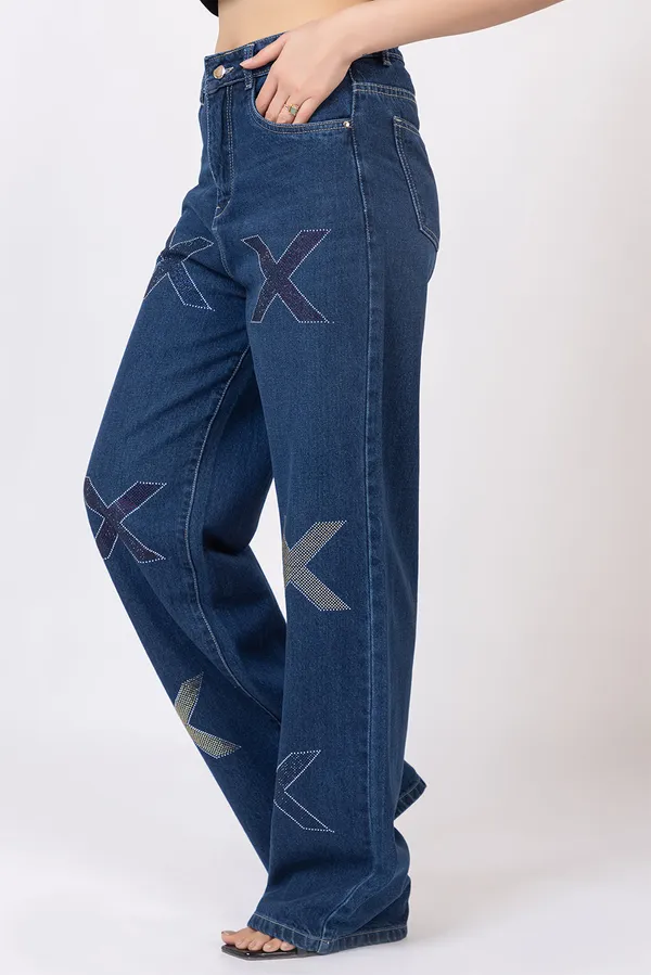 imported_designer_Blue_Cotton_wide_leg_jeans_For_Women