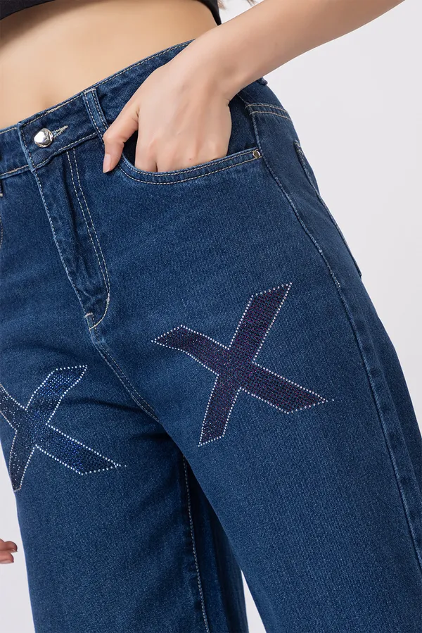 imported_designer_Blue_Cotton_wide_leg_jeans_For_Women