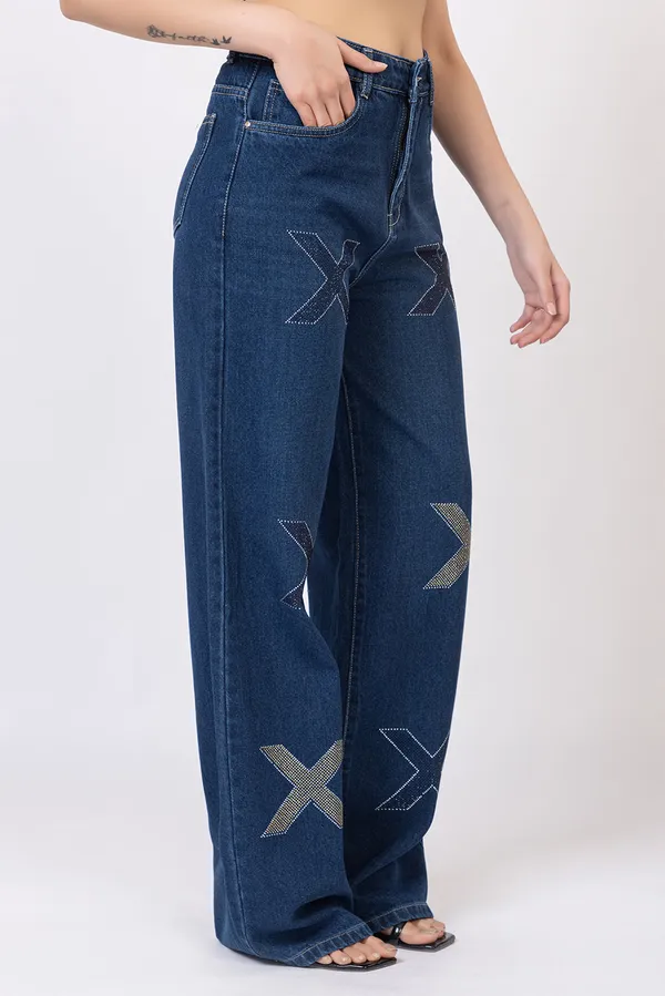 imported_designer_Blue_Cotton_wide_leg_jeans_For_Women