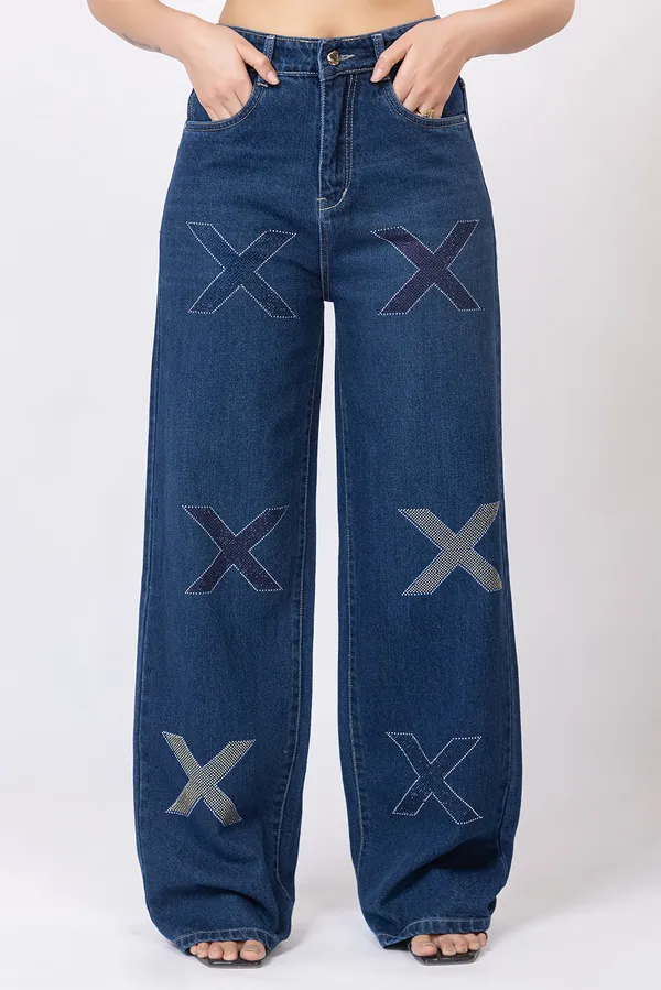 imported_designer_Blue_Cotton_wide_leg_jeans_For_Women
