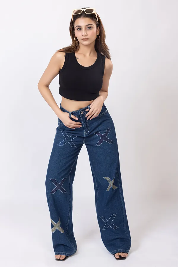 imported_designer_Blue_Cotton_wide_leg_jeans_For_Women