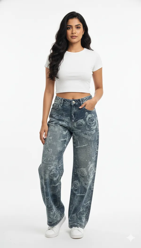 imported_designer_Blue_Cotton_wide_leg_Denim_For_Women