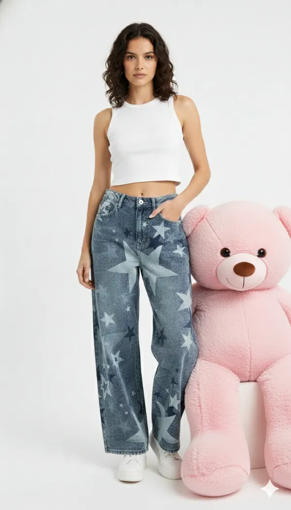 imported_designer_Blue_Cotton_wide_leg_Denim_For_Women
