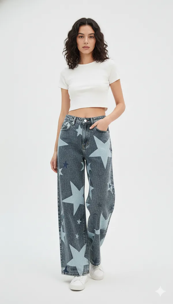 imported_designer_Blue_Cotton_wide_leg_Denim_For_Women