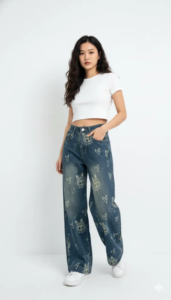 imported_designer_Blue_Cotton_wide_leg_denim_For_Women