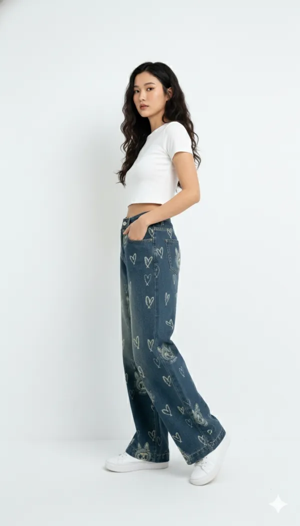 imported_designer_Blue_Cotton_wide_leg_denim_For_Women