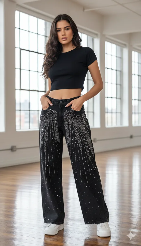 imported_designer_black_Cotton_Denim_wide_leg_Jeans_For_Women